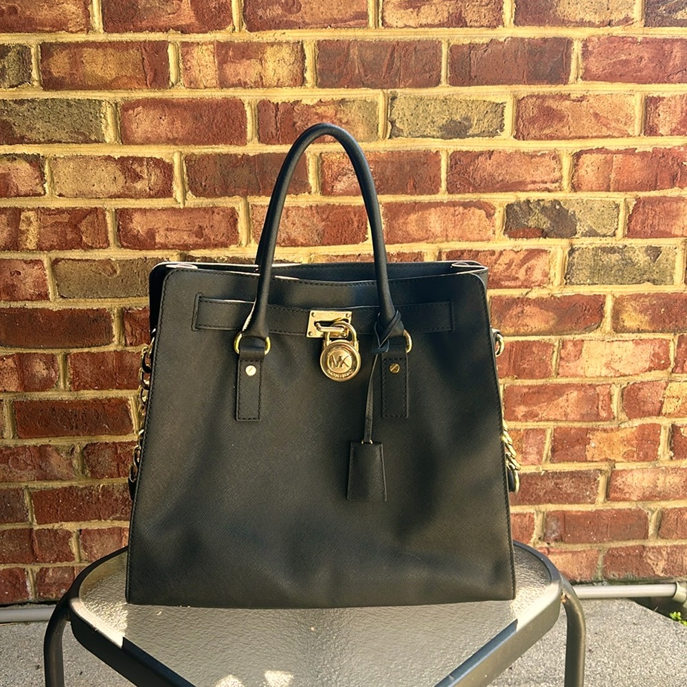 Michael Kors large Hamilton padlock black crossgrain leather chain shoulder bag